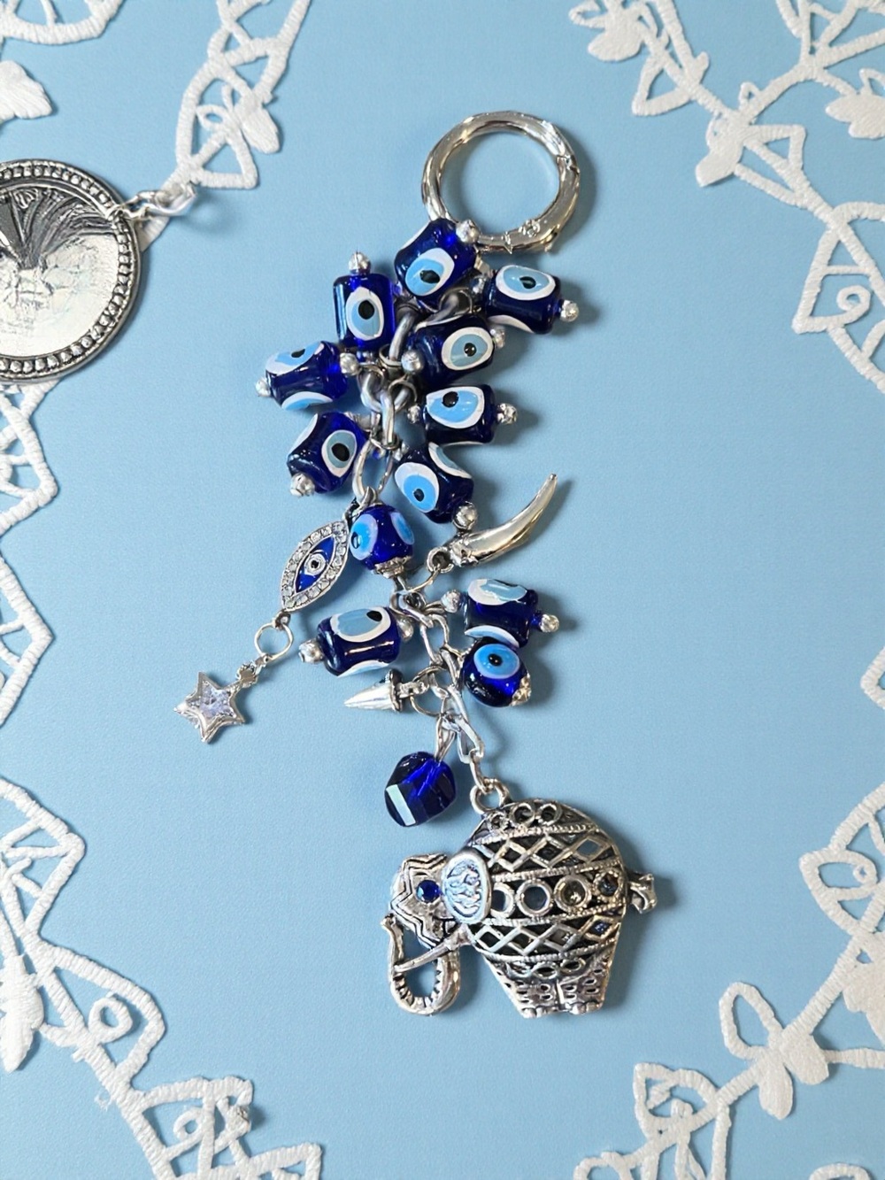 Vintage Evil Eye Elephant Charm Bag Charm - Blue Silver